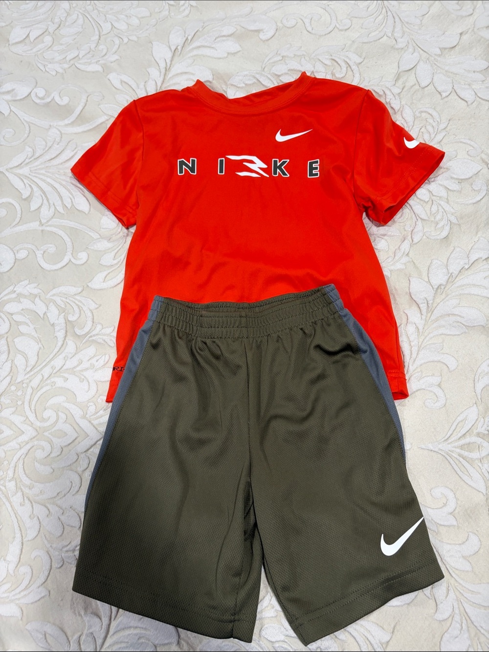 Nike Red Tee with Olive Green Athletic Shorts Set